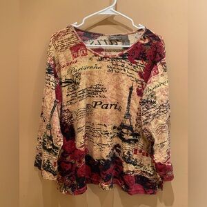 Jane Ashley Paris Print Sequins Cotton Size 2X 3/4 Sleeve Top PTP 25